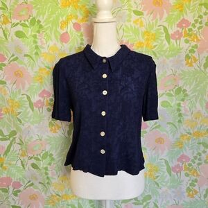 Vtg Navy Blue Textured Button Up Blouse